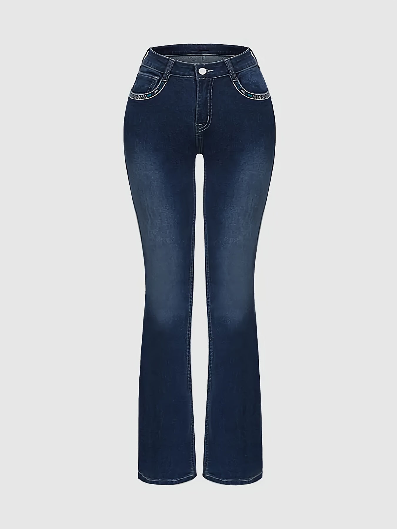 Women'S Classic Five-Pocket Design Mid-Rise Stretch Denim Jeans with Cross Embroidery - High Elasticity Regular Fit Casual Pants for Home, Travel & Shopping, All-Season Versatile Style, Travel Casual Wear, Stylish Cross Embroidery, Comfortable Fit