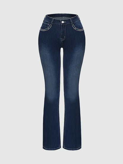 Women'S Classic Five-Pocket Design Mid-Rise Stretch Denim Jeans with Cross Embroidery - High Elasticity Regular Fit Casual Pants for Home, Travel & Shopping, All-Season Versatile Style, Travel Casual Wear, Stylish Cross Embroidery, Comfortable Fit