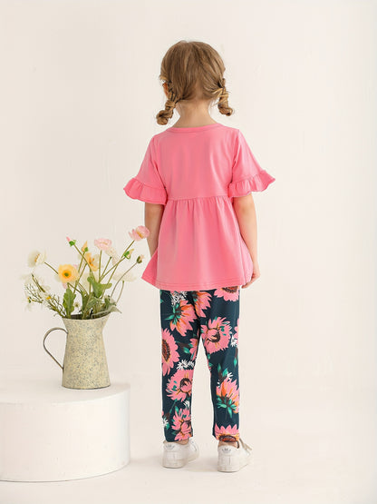 KuKitty Toddler Baby Girl Clothes Solid Color Flared Sleeve Ruffle Tops Sunflower Print Pants Outfits Set, Perfect for Outdoor