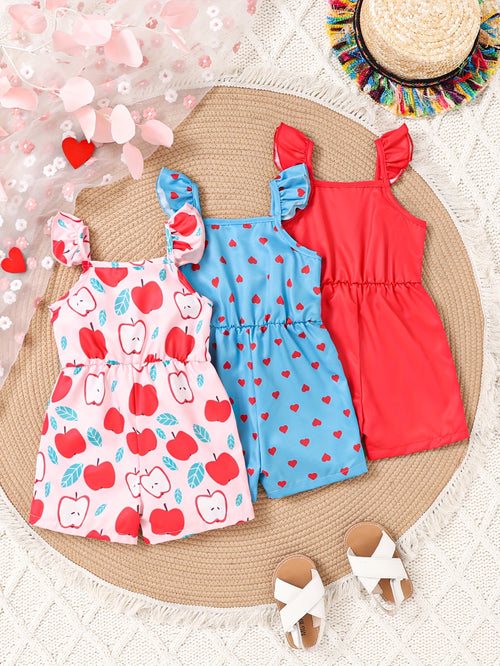 Set of 3 Girls' Casual Jumpsuits Featuring a Pink Fruit Print, a Blue Love Pattern, And a Solid Color for Spring And Summer, for Outdoor