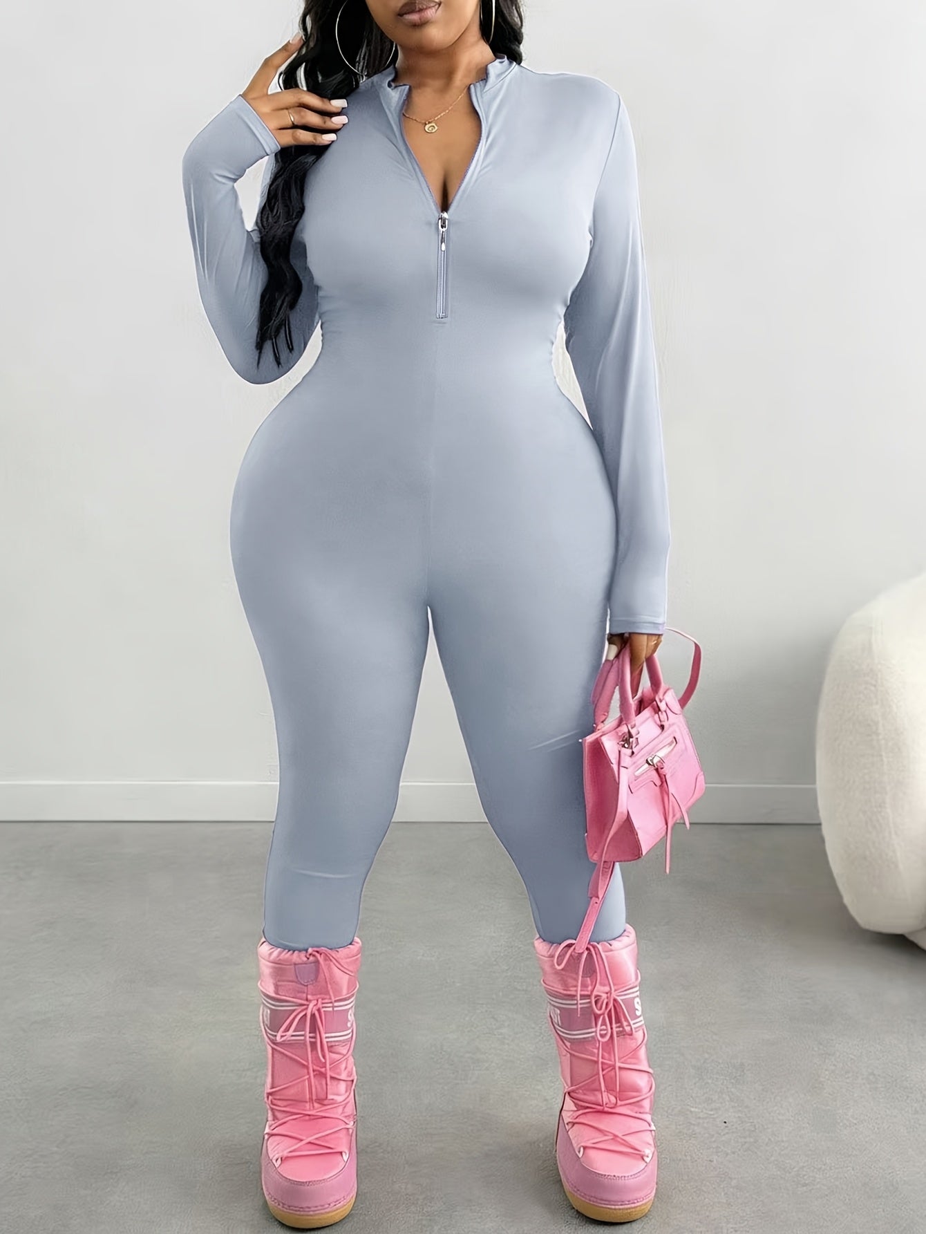 Plus Size, Plus Size Spring/Summer Women's Solid Color Jumpsuit, Front Half Zipper Design, Waist Cinched, Slim Fit, Flatter The Figure Fall, S & Simple Casual, Suitable for Cycling,, And Other.