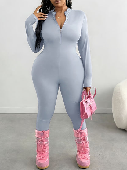 Plus Size, Plus Size Spring/Summer Women's Solid Color Jumpsuit, Front Half Zipper Design, Waist Cinched, Slim Fit, Flatter The Figure Fall, S & Simple Casual, Suitable for Cycling,, And Other.