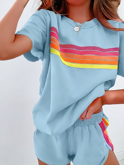 2pcs Set Elevate Your Style with Our Chic Color-Block Shorts Set in White, Blue, Pink, Or Light Brown