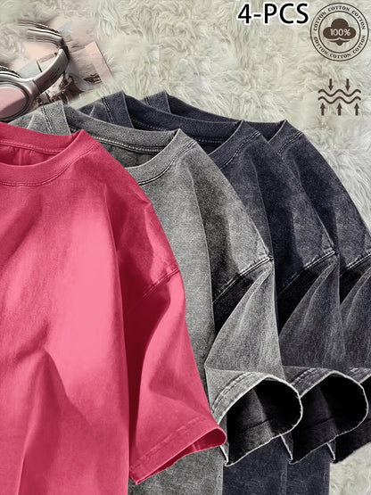 4pcs Women's Heavyweight Vintage Washed Cotton T-Shirts- Loose Drop Shoulder Round Neck Style, Purple/Black/Pink/Blue, Soft Everyday S