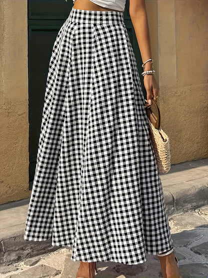 Women'S Elegant Checkered Mid-Length Skirt - High Waist, Flowing A-Line Silhouette, Opaque, Ideal for Spring And Autumn Seasons, Versatile Mid-Length Skirt | Elegant A-Line Skirt | Fashionable Texture
