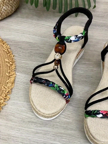 Women's Boho Braided Beaded Wedge Sandals, Local Warehouse 3-Day Delivery, Perfect for Beach Vacations & Home Leisure, Women Shoes