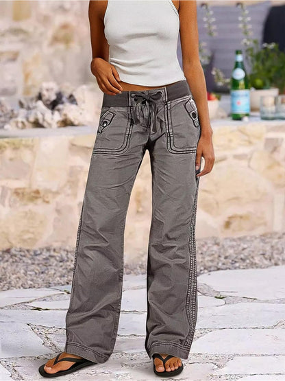 European And American Style, Individualistic Street Style, Slim Fit, Flattering, Cargo Pants, Women's Straight Leg Wide-Leg Pants with Lace-Up, Low-Rise Casual Jeans