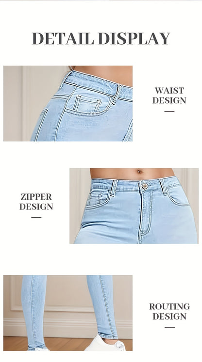Women's High-Waisted Slim-Fit Stretch Blue Jeans - Light Wash Classic 5-Pocket Design with Elastic Slanted Pocket & Built-In Zipper Closure, All-Season Comfort for Casual & Commuting, Machine Washable (No Belt Loops) - Tight Tapered Leg Jeans