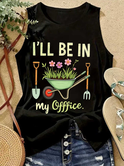 [Women's Vest Top] Sleeveless Vest, I Will Be in My Office, Garden Cart Print, Women's Casual Loose Breathable Vest Top, Beautiful Back Outdoor Lightweight T-Shirt, Fashionable Round Neck Sweatshirt for Women