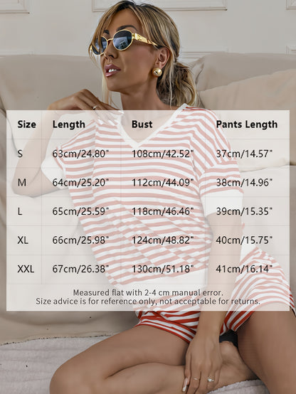Women'S 2pcs Striped Lounge Set Short Sleeve V-Neck Top And High-Waist Shorts, Casual Athletic Sleepwear Outfit, Summer Sportswear