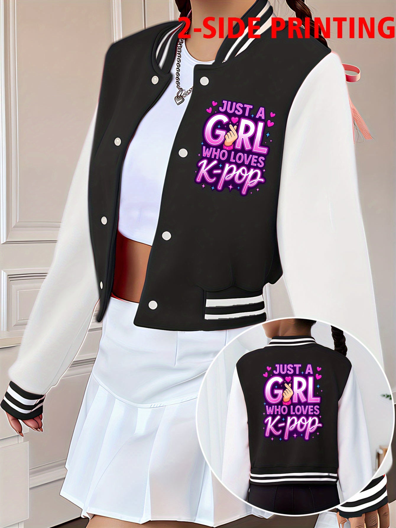 1pc Autumn Winter Tween Girls Clothes Just A Girl Who Loves K Pop Double Sided Print Short Cropped School Style Girl Baseball Jacket for Kids Clothes Girls