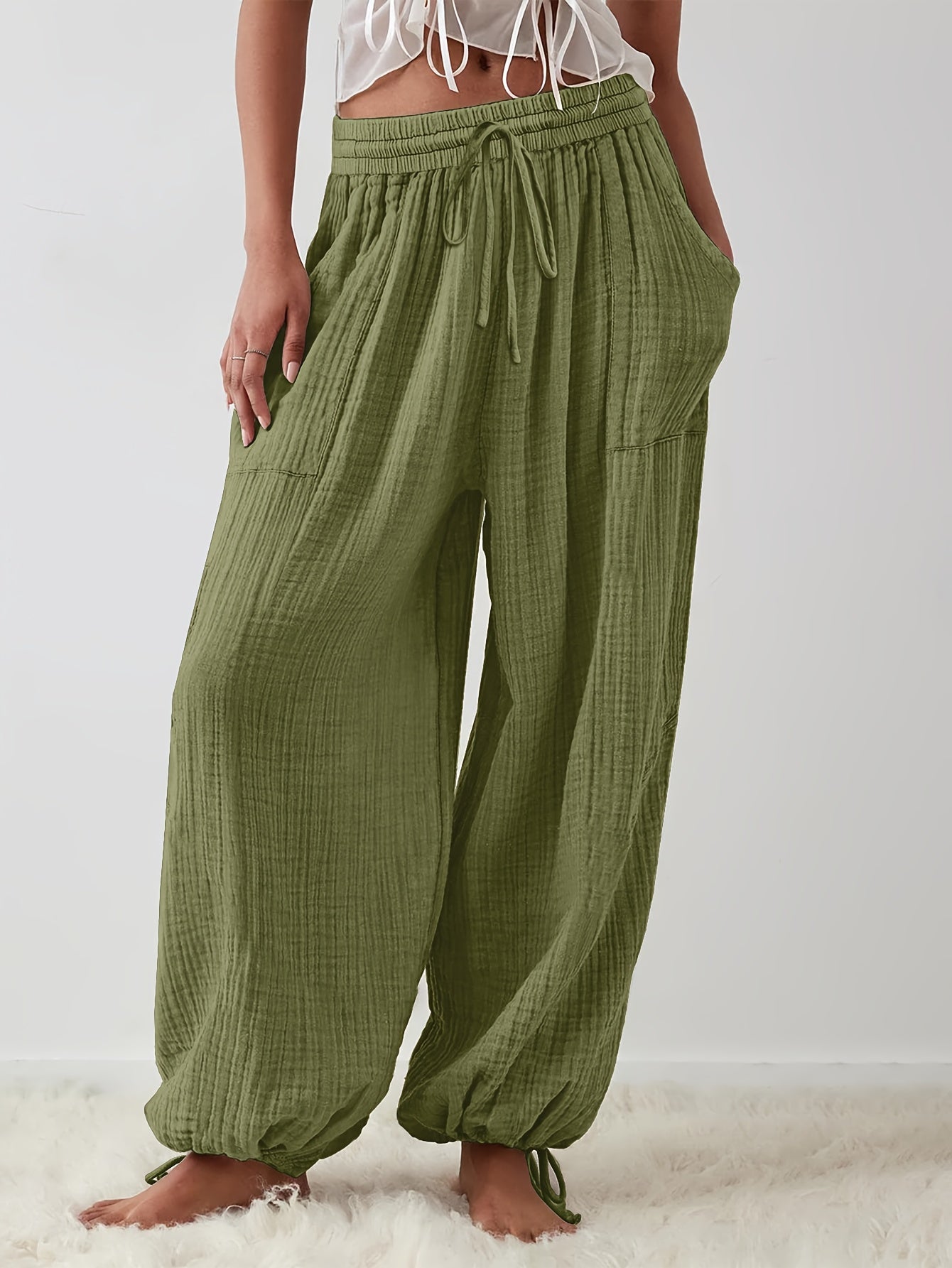 Autumn And Winter Women's Casual Pants, Khaki, Pockets, Wide Legs, Drawstring, Loose Fit, Everyday Commuting Wide-leg Pants.