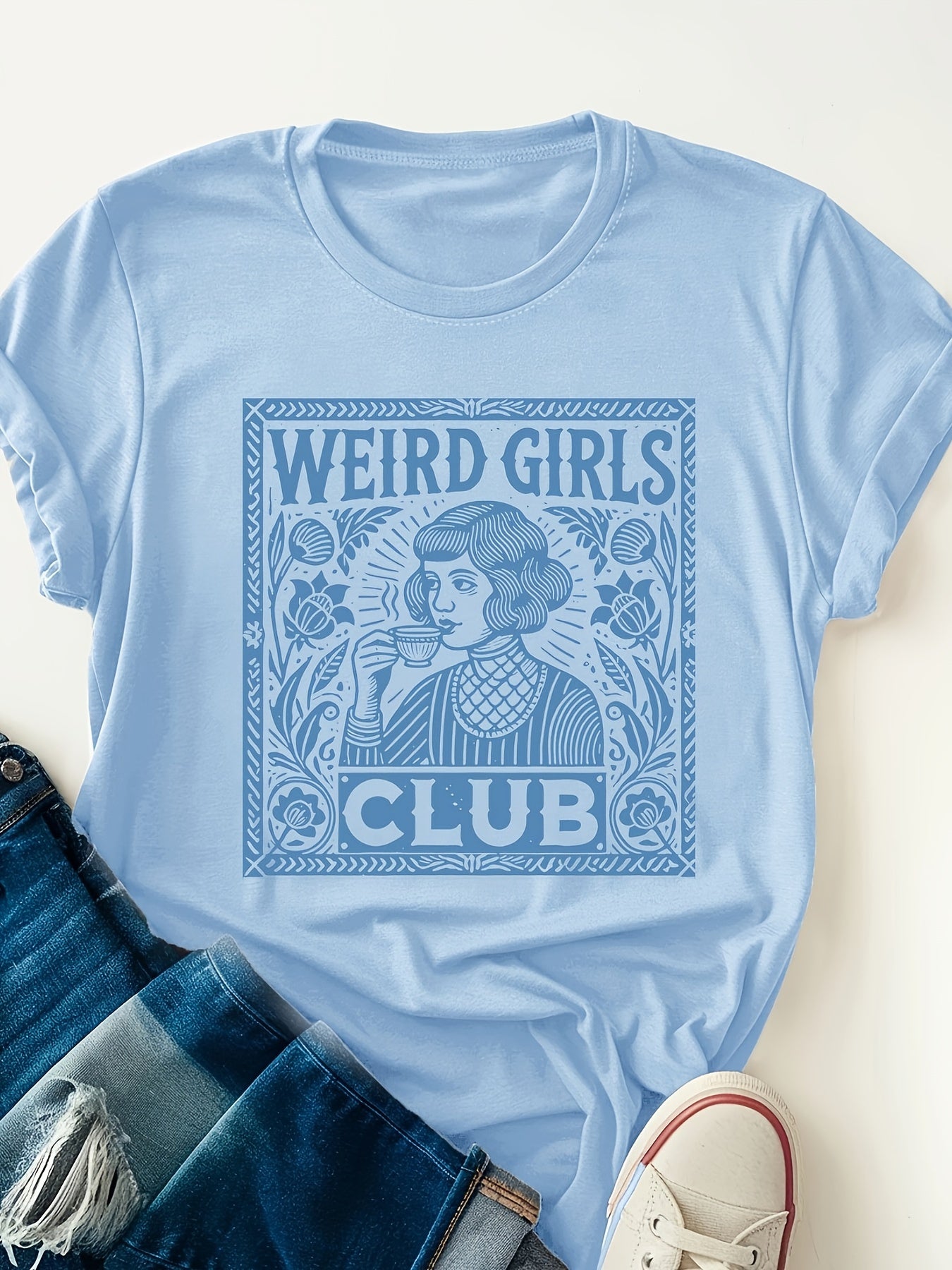 Large size Weird Club Graphic Print T-Shirt, Short Sleeve Crew Neck Casual Top for Summer and Spring, Women's Clothing, Birthday Gift, Friend Gift, Sister Gift