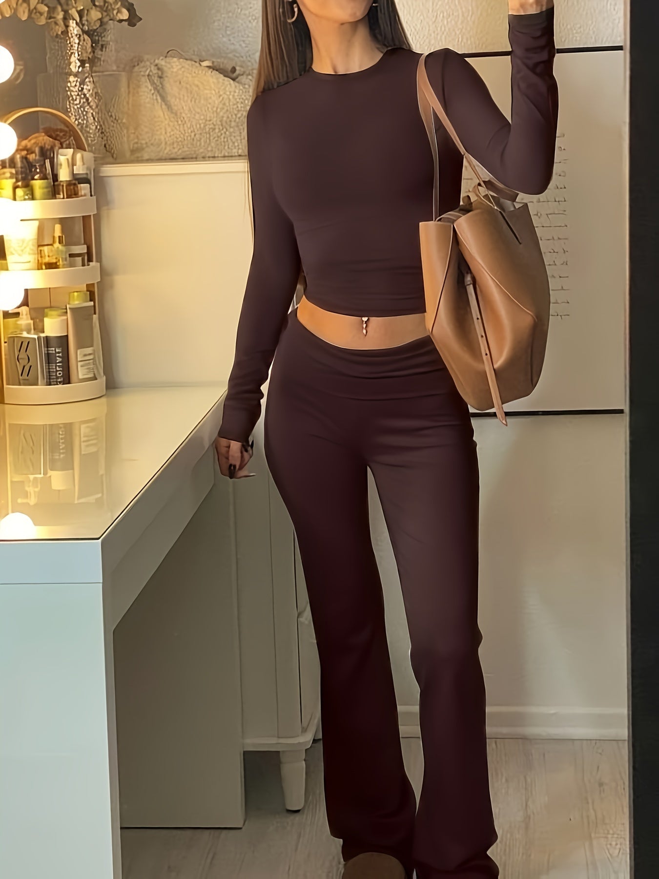 Casual Two Piece Outfits Long Sleeve High Waist Fold-Over Flare Flared Leggings Pants Sets Streetwear