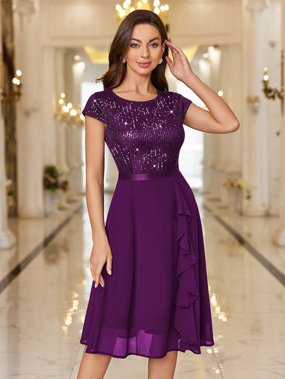 Y82016 Elegant Women's Glitter Sequin Chiffon A-Line Bridesmaid Dress with Cap Sleeves & Ruffled Hem - Sparkling Wedding Party Dress for Bridesmaids, Prom, Birthday, Formal Evening Gown - Machine Washable Chiffon
