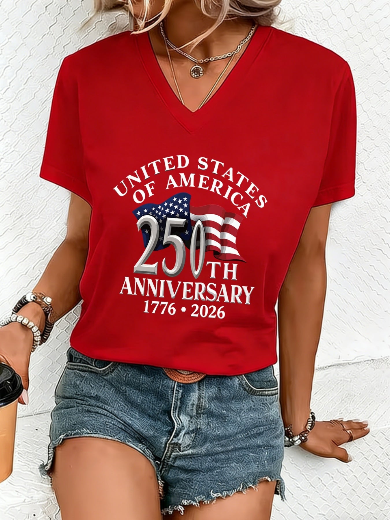 Women'S Elegant Vneck Short-Sleeved T-Shirt | Featuring Flag Print, Soft Stretchy Fabric, Machine Washable, Ideal For Spring/Summer Casual Wear
