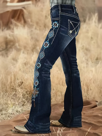 Women's Stretch Denim Flare Jeans - Mid-Rise Bell Bottoms with Floral & Geometric Embroidery, Machine Washable Blue Washed Fabric, Comfort Fit for Casual All-Season Wear, Relaxed Outfit, Breathable Fabric, Embroidered Pants, Adults