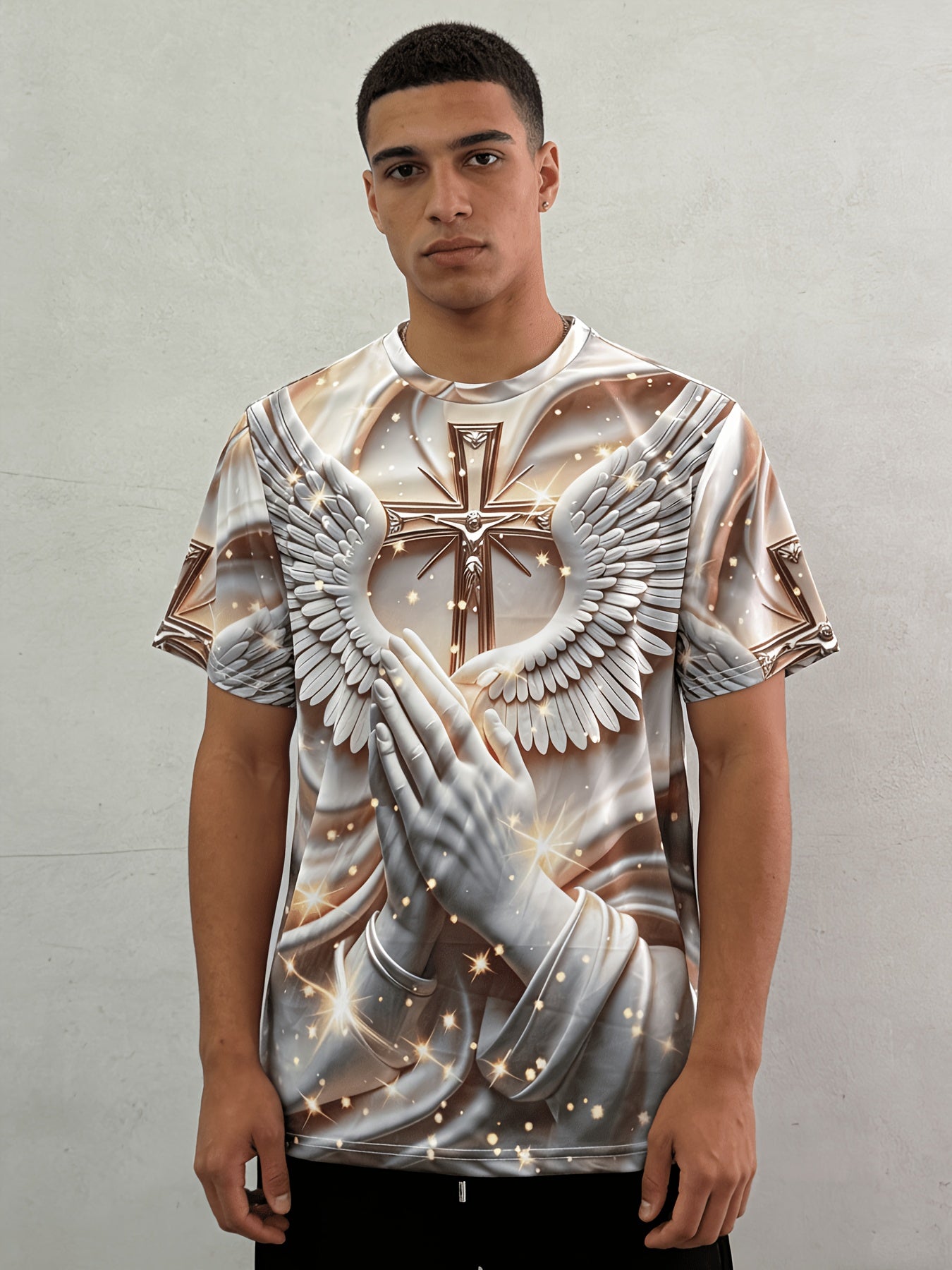 Angel Wings Cross Religious Design Printed T-Shirt Men's Spiritual Faith Fashion Statement Top Golden White Sparkle Pattern Short Sleeve Shirt, PLUS SIZE