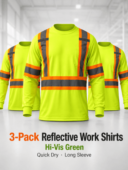 3-Pack Hi-Vis Safety Long Sleeve Shirts with Reflective Stripes, Neon Yellow Workwear
