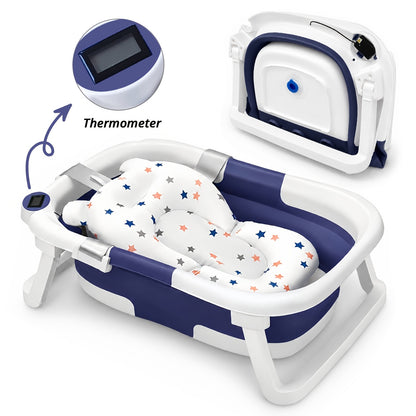Cochildor Collapsible Baby Bathtub, Baby Bath Tub with Soft Cushion & Thermometer, Baby Bathtub for Newborn to Toddler 0-36 Months, Portable Travel Baby Tub, Easy-Clean Plastic, Pink And Gray/Blue, Bathtub for Baby, Playful Design, Easy-Grip Handles