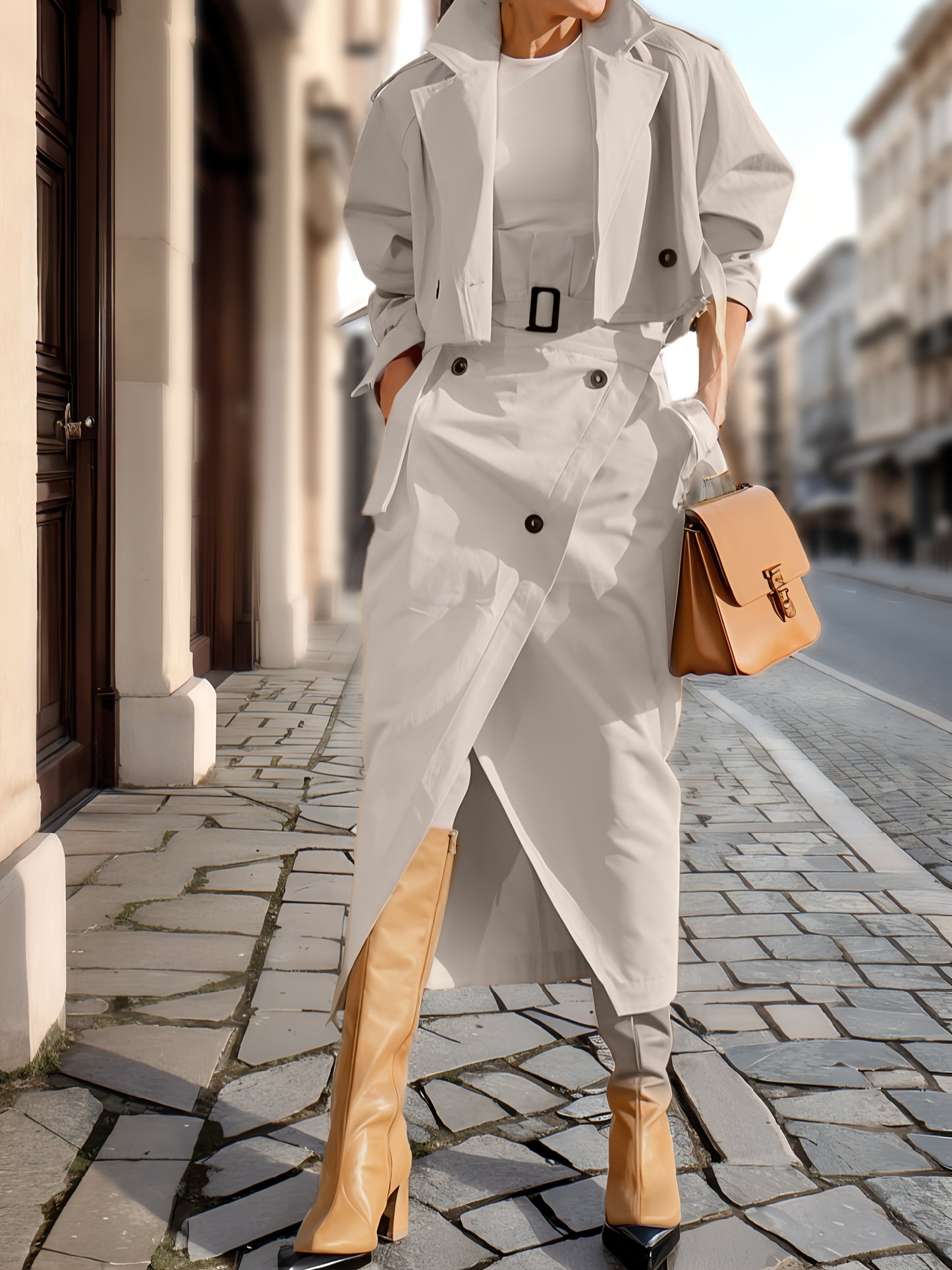 [Level 1 Directional] Women'S Casual Solid Color Suit Collar Jacket And High Waist Skirt Two-Piece Set, Fashionable And Versatile Long-Sleeved Jacket And Work Skirt Set, Free Belt