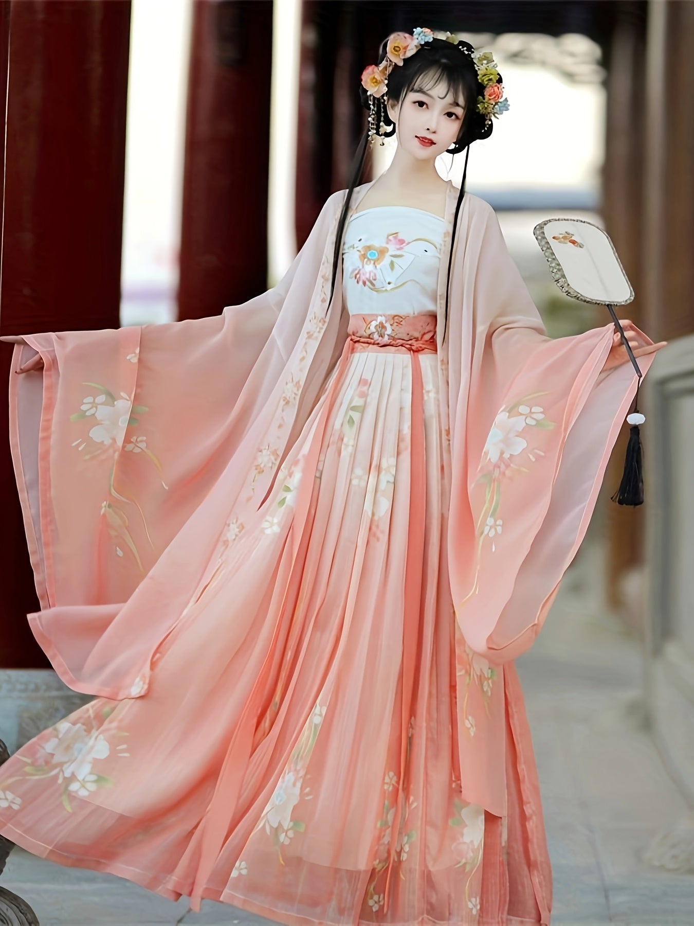 Pink Hanfu with Petal-Like Flowing Skirt And Butterfly Embroidery
