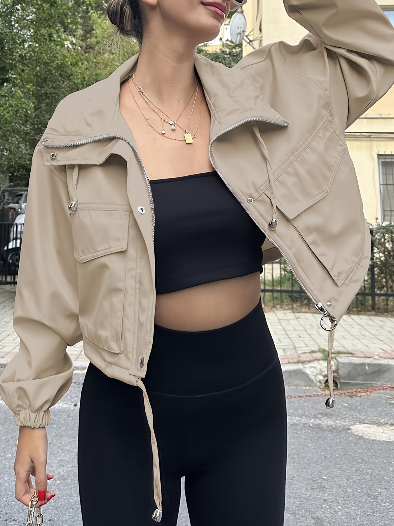 Women'S Cropped Jacket Zip Up Lightweight Oversized Utility Anorak Coat with Pockets