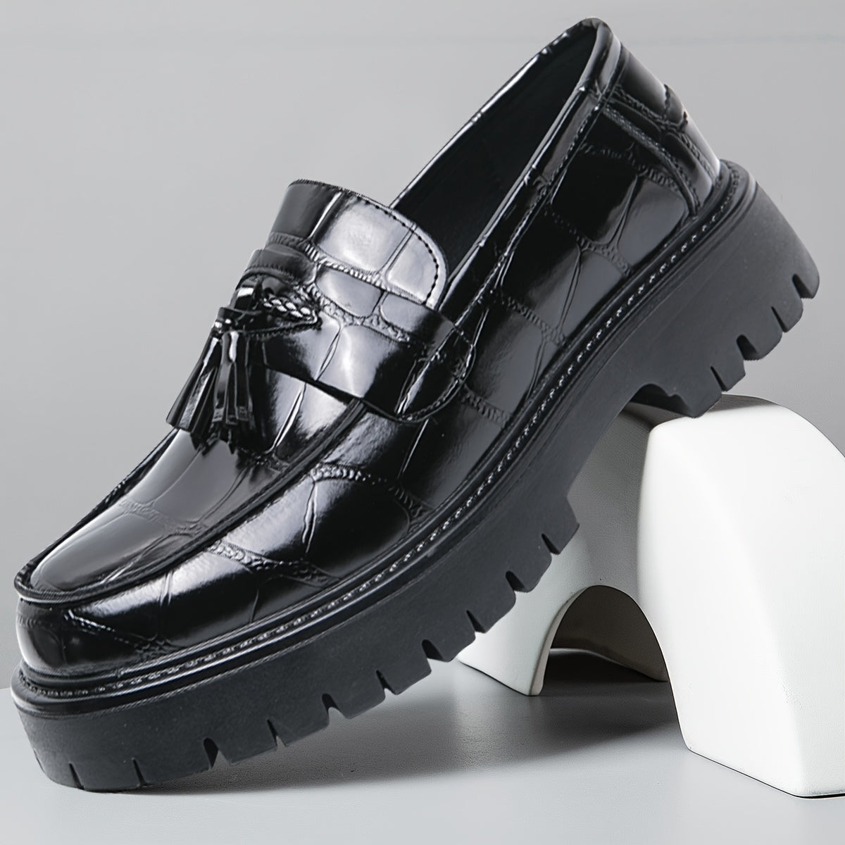 [Printed Platform Loafers] Men's Printed Platform Slip-On Penny Loafers Fashion Round Toe Tassel Decoration Non-Slip Lug Sole Business Dress Shoes for Driving Office Party