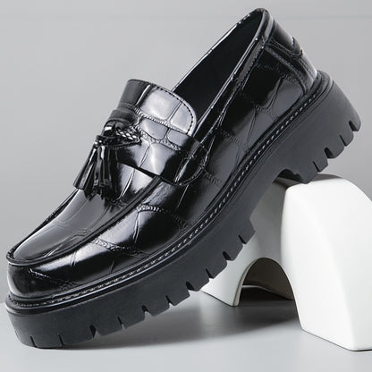 [Printed Platform Loafers] Men's Printed Platform Slip-On Penny Loafers Fashion Round Toe Tassel Decoration Non-Slip Lug Sole Business Dress Shoes for Driving Office Party
