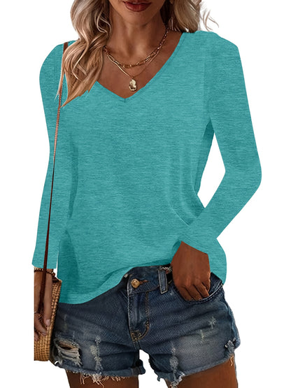 SINHOON 4pcs Women's Clothes Spring And Autumn Casual Top, Solid-Color Long-Sleeved V-Neck T-shirt