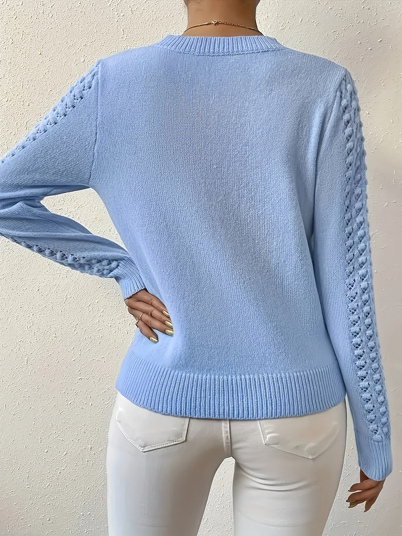 Women'S Casual Crew Neck Sweater - Soft Light Blue Pullover with Ribbed Detailing, Long Sleeves, And Front Pockets for Casual Attire, Casual Wear Sweater | Crew Neck Sweater | Construction, Sweater Dress