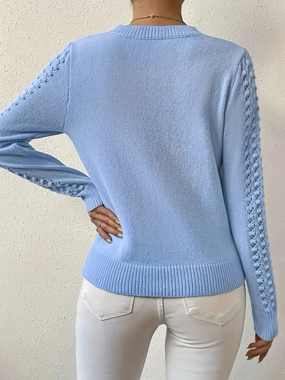 Women'S Casual Crew Neck Sweater - Soft Light Blue Pullover with Ribbed Detailing, Long Sleeves, And Front Pockets for Casual Attire, Casual Wear Sweater | Crew Neck Sweater | Construction, Sweater Dress