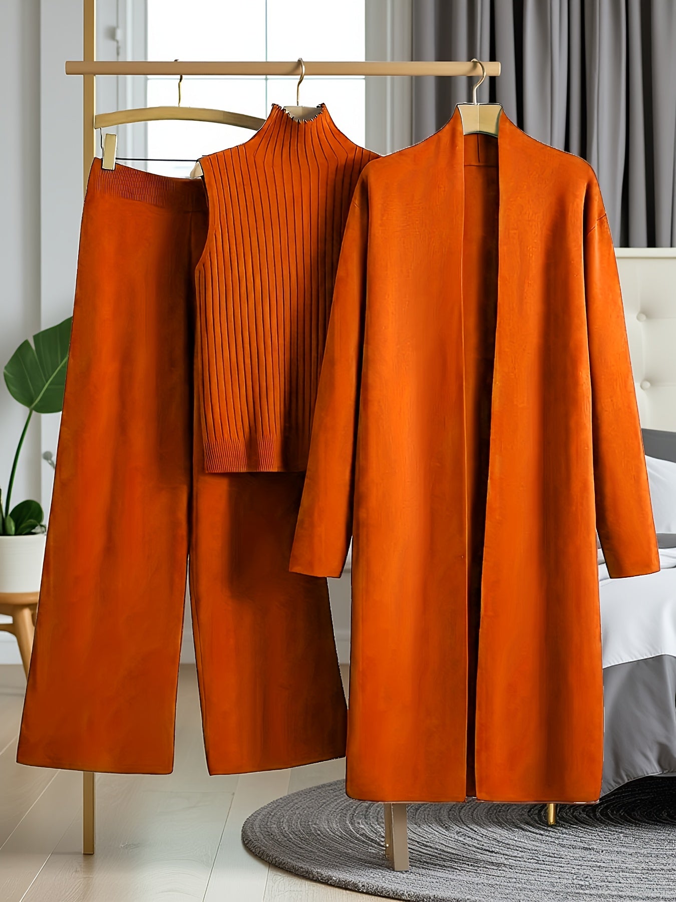 New Autumn And Winter Women'S Loose Set, Including Long Wide-Leg Pants, a Shawl Cardigan, And a High-Neck Vest Sweater, a Fashionable Three-Piece Set