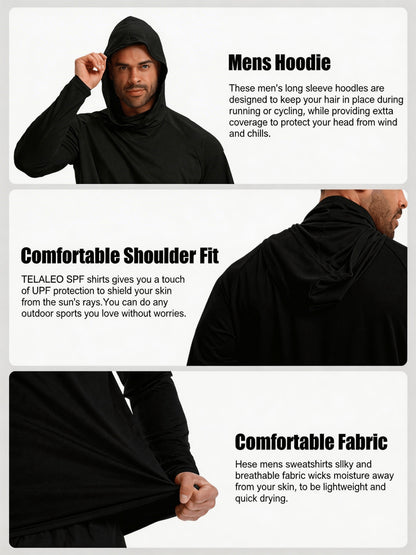 3pcs Men's Premium Hooded Shirts with Mask, UPF 50+ Sunblock & Advanced Breathability, Built-in Face Cover Neck Gaiter Tops for Fishing, Sail, Boat, Hike, Cycle, Run, Camp, Beach, Travel, Safari, Outdoor