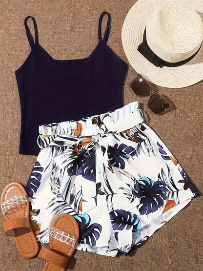 Pants Set - Unique Tropical Print 2pcs Set - V-Neck Crop Top and High-Waist Drawstring Shorts, Lightweight, Breathable, Comfortable Fabric, Machine Washable - Perfect for Spring and Summer