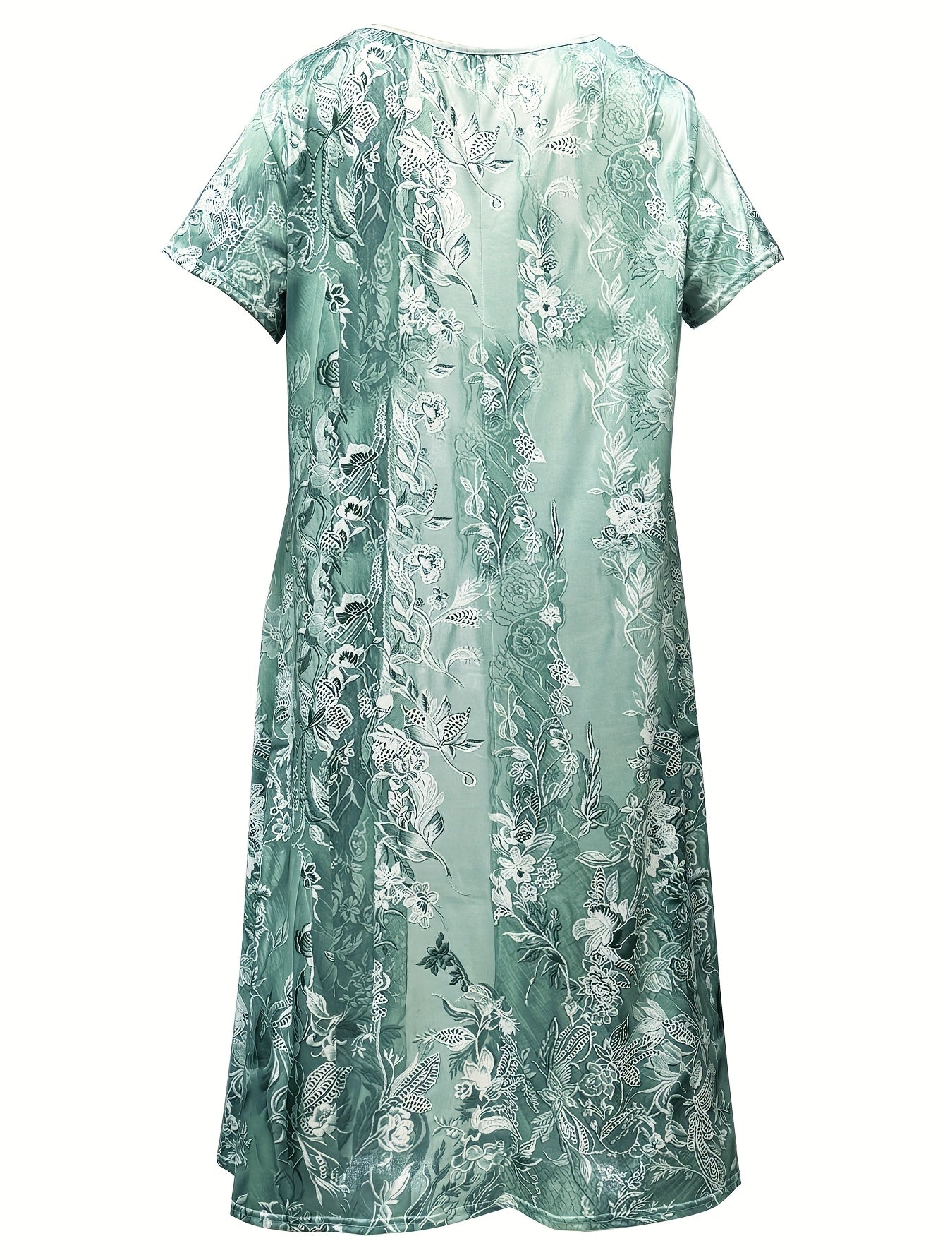 Plus Size Flower Print Midi Dress with Lace Neck and Short Sleeve