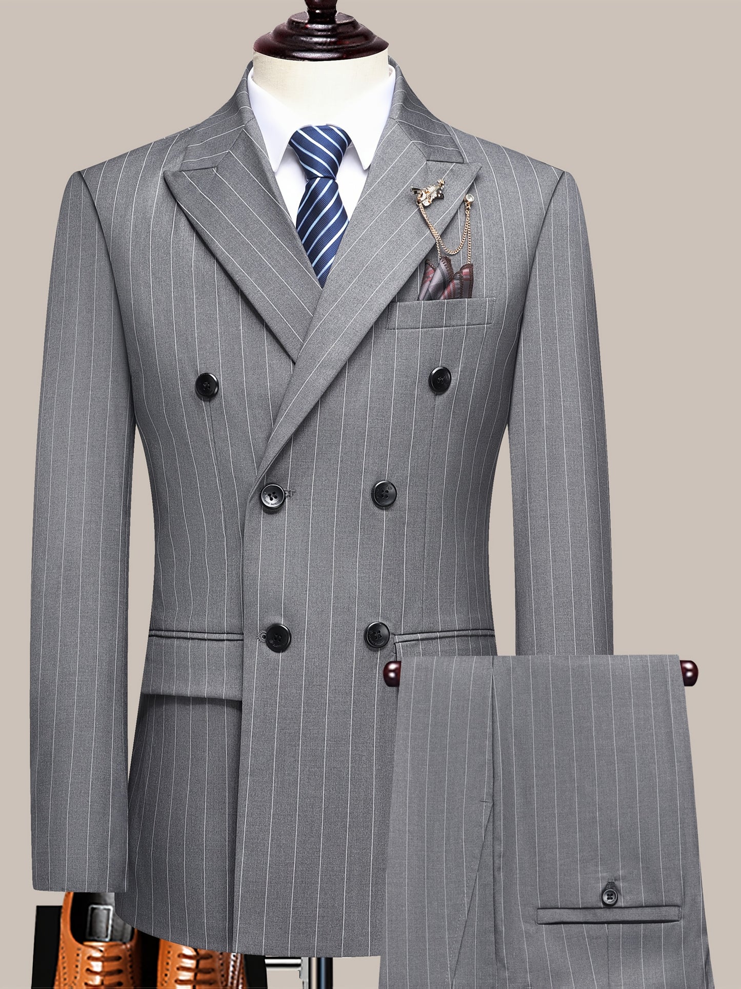Latest Men's Suit Striped Double-Breasted Suit Spring/ Summer/ Autumn Thin Two-Piece Set with Frill Collar Striped Style Four Buttons Suit Business And Casual Dress Collar Necklace Decoration Slimming Dress Casual Suit White Suit