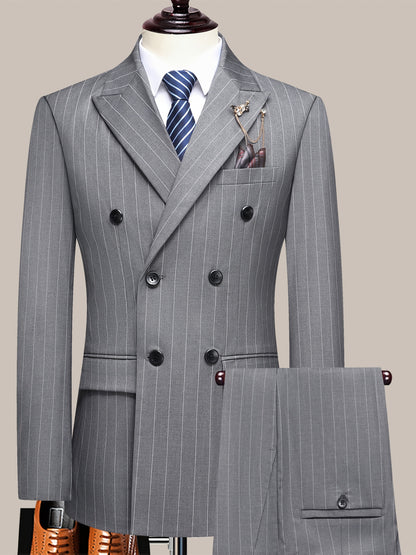 Latest Men's Suit Striped Double-Breasted Suit Spring/ Summer/ Autumn Thin Two-Piece Set with Frill Collar Striped Style Four Buttons Suit Business And Casual Dress Collar Necklace Decoration Slimming Dress Casual Suit White Suit