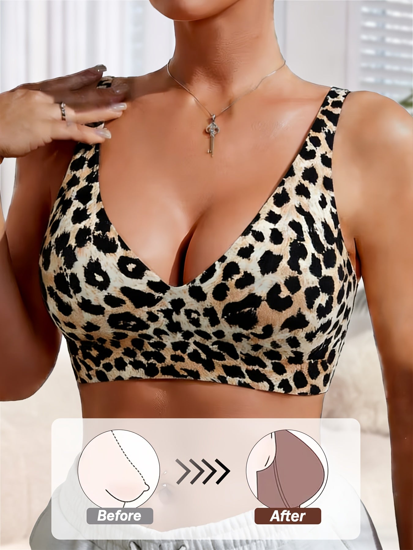 Women's Seamless Jelly Gel Sexy Leopard Print V-Neck Bra- No Underwire, Non-removable Pads, Adjustable Straps, Invisible Clasp, Breathable and Comfortable, Women's Push-up Bra, Women's Leopard Print Bra