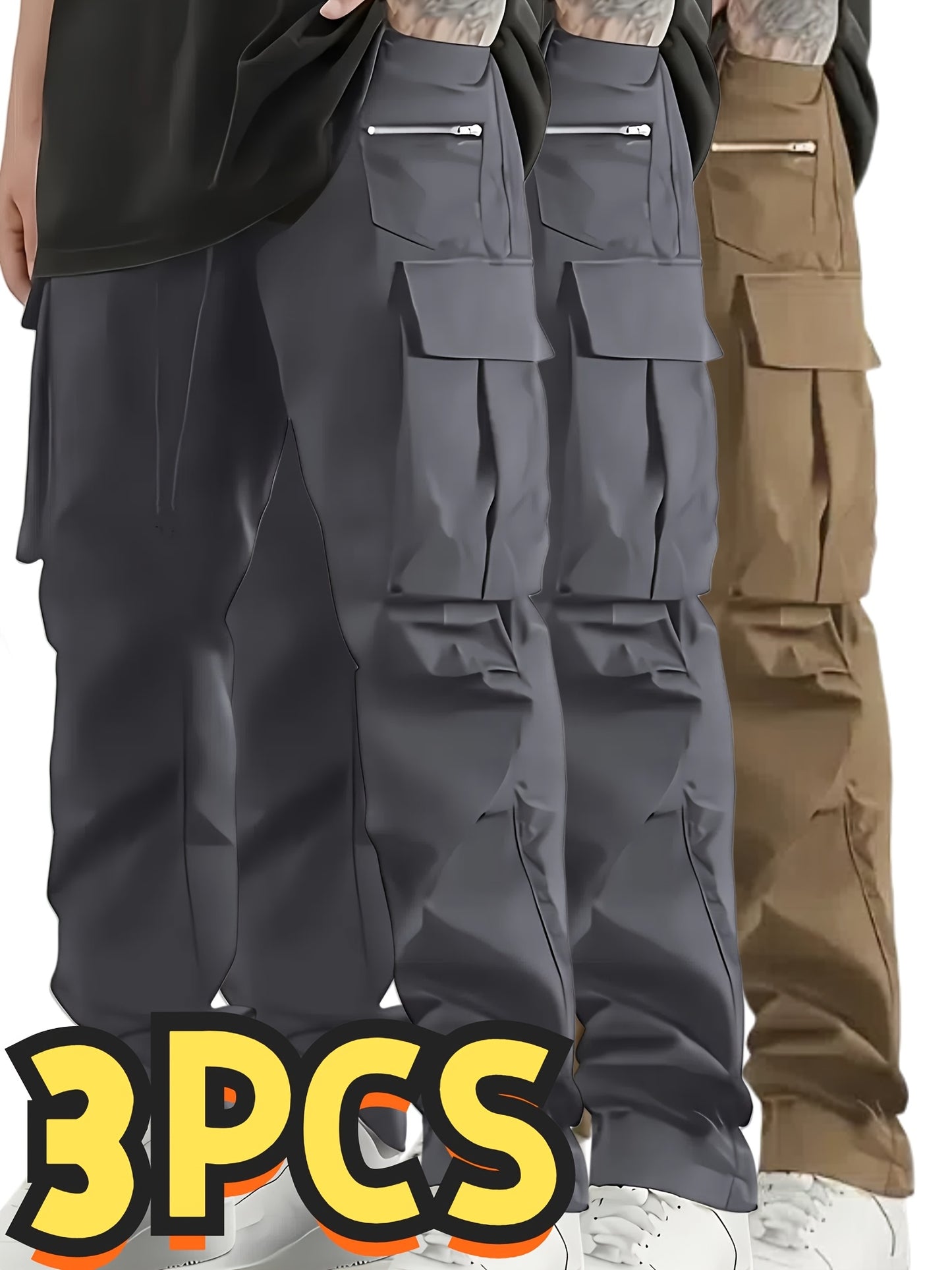 Set of 3 Men'S Relaxed Fit Work Trousers, Casual Cargo Style, Airy And Comfortable Loose Straight Leg Pants Featuring Various Pockets Suitable for All Seasons - Casual Outdoor Trousers Ideal for Hiking And Fishing