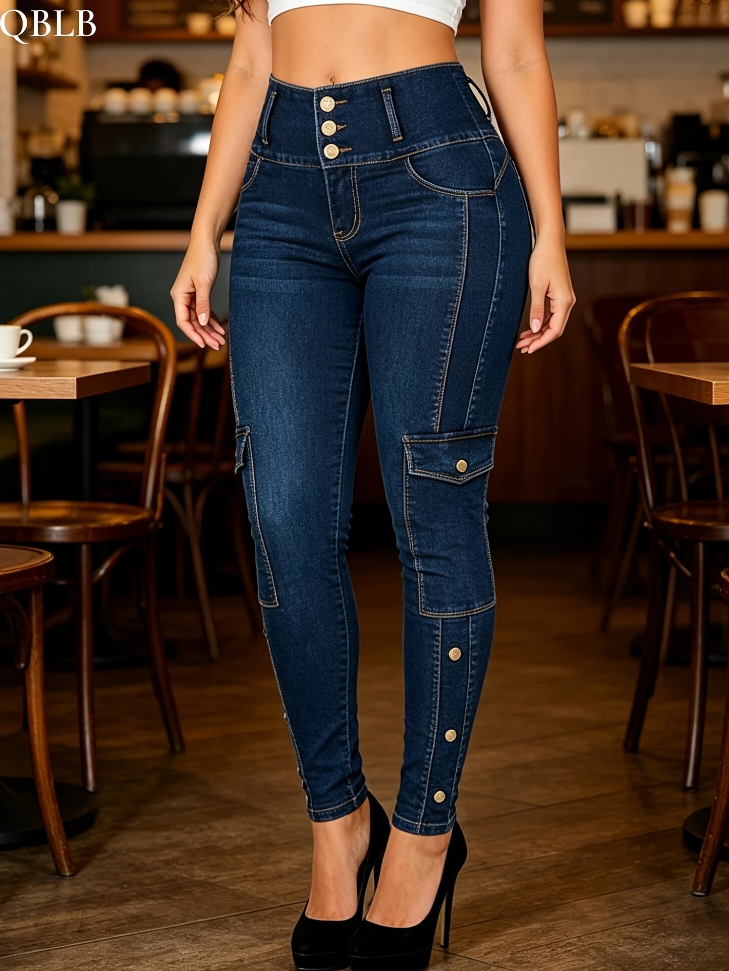Women'S Jeans, Deep Sea Blue Trendy Slim Fit Pants, Metal Button Placket Waist, Side Cargo Pockets, Vintage Washed Dark Blue, Suitable for Commute, Street Style And Dating, Wearable All Year Round