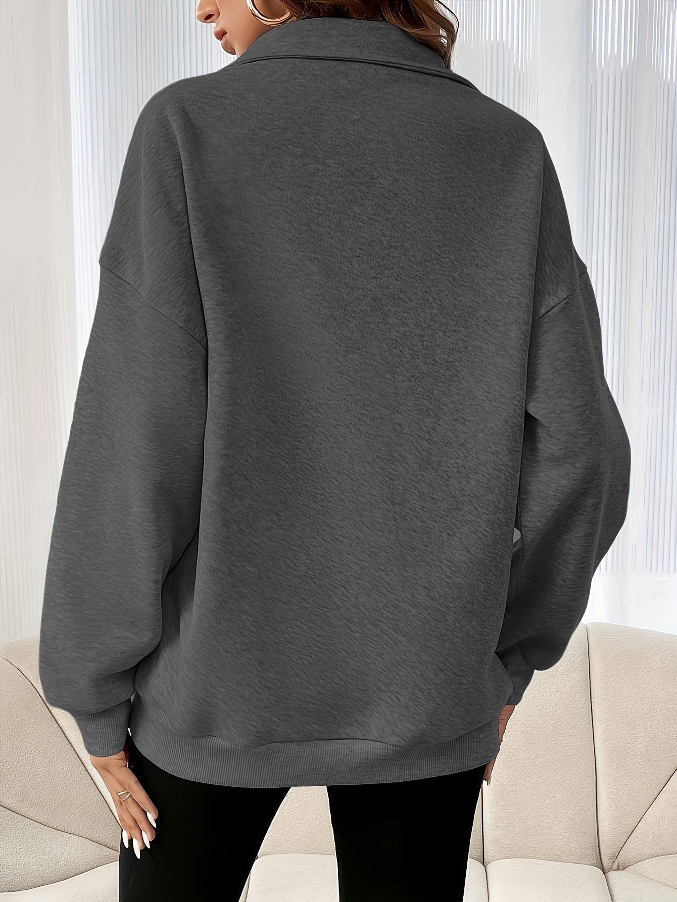 Casual Women's Drop Shoulder Sweatshirt with Half - Zip, Solid Color Sport Pullover