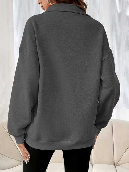 Casual Women's Drop Shoulder Sweatshirt with Half - Zip, Solid Color Sport Pullover