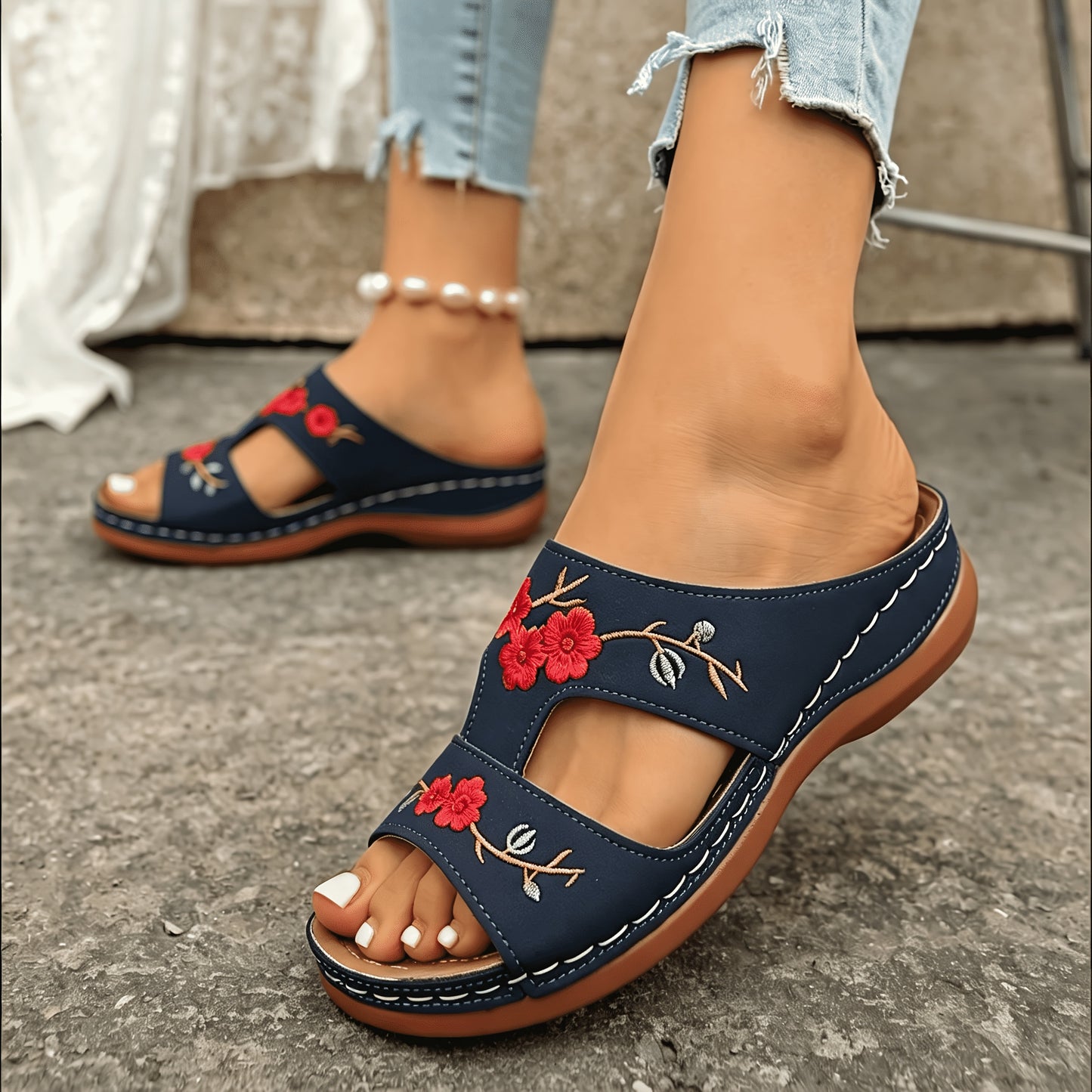 Women's Rose Embroidery Wedge Slide Sandals • Thick Sole Comfortable Casual Summer Outdoor Walking Sandals • Women Shoes for Daily Wear