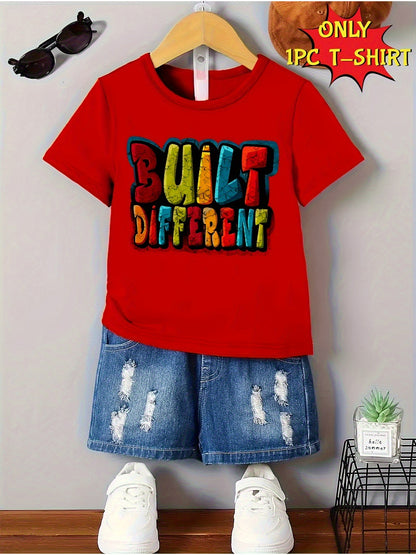Boys' Casual Comfortable Summer Short Sleeve Crew Neck T-Shirt- BUILT DIFFERENT Creative Print Fashion Summer Gift