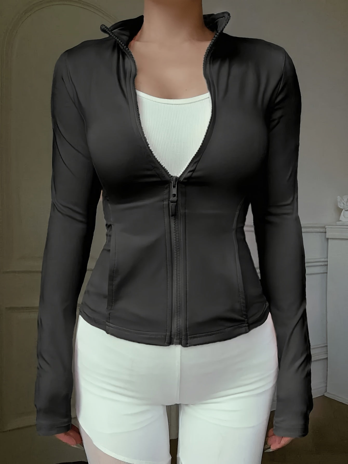 Women'S Athletic Stand Collar Zip-Up Long Sleeve Slim Jacket Waist-Cinching Fitness Casual Sport Top