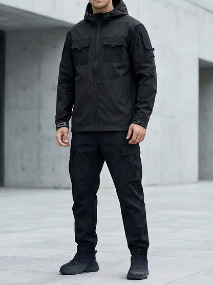 Men's Windproof Outdoor Jacket - Heavy-Duty Full-Zip Hooded Coat with Zippered Pockets, Scratch-Resistant Shell for Hiking, Camping, Hunting (Belt Included) Adjustable Hood -All-in-One Outdoor Shell Coat for Camping Essentials, Rugged Design, Durable