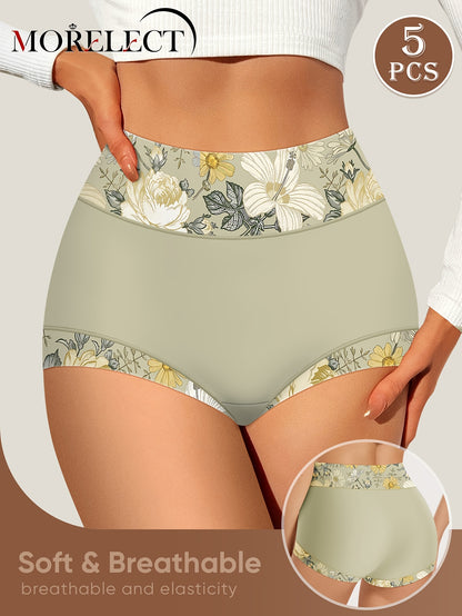 5pcs Women'S High Waist Briefs, Floral Print Design, Soft & Skin-Friendly Comfortable Daily Triangle Underwear