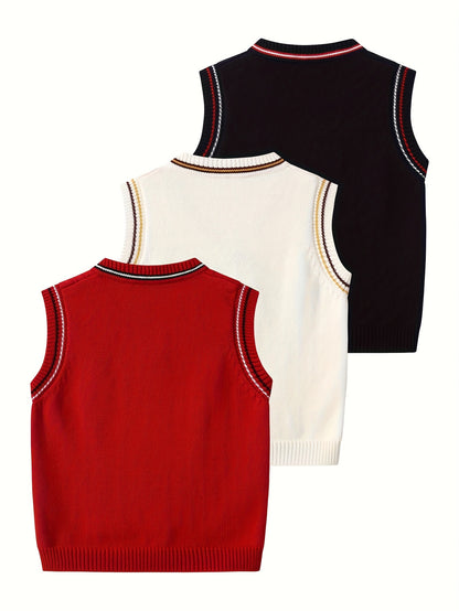 Set of 3, Knitted Undershirts for Kids Suitable for Autumn And Winter, Featuring a Collegiate Style Vest And Sleeveless Design