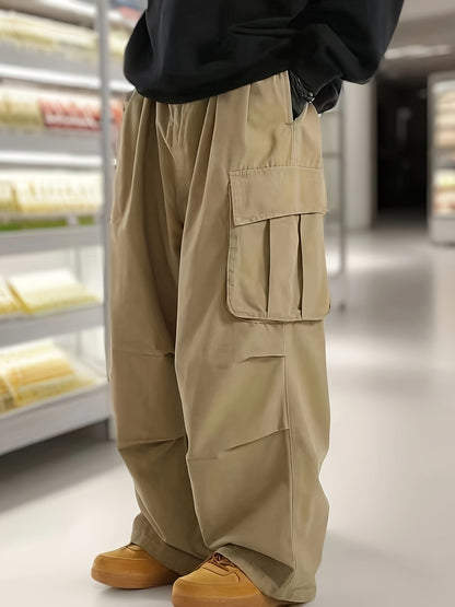 Men'S Plus Size Cargo Trousers - Casual Style for Spring And Autumn, Multi-Pocket Straight Leg Pants for All Seasons with Drawstring, Versatile Fashion, Wide Leg Design, Comfortable Casual Wear | Stylish Cargo Trousers | Comfortable Fit Pants